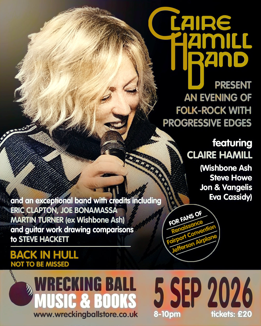 Claire Hamill Band   -   Sat Sept 5th 2026  8pm-10pm